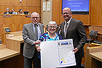 Photo of Councilmember Sherman presents Paul and Susan Rosenberg with a proclamation declaring October 15th Paul And Susan Rosenberg Day in the City of San Diego